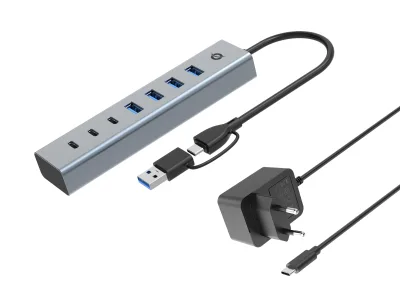 HUB USB 3.2 7 PORTE BK (ALLUMINIO) 4*USB A/3*USB C + ALIMENTATORE