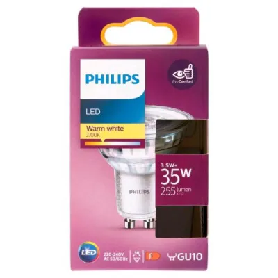 Philips Faretto LED in Vetro GU10 3.5 W Equivalenti 35 W 255 Lumen Bianco Caldo 2.700K