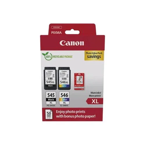 Canon PG-545XL/CL-546XL Photo Paper Value Pack Confezione da 2 Cartucce Alta Resa Nero - Colore Ciano Magenta Giallo + 50 Fogli Carta Fotofrafica