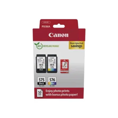 Canon PG-575/CL-576 Photo Paper Value Pack Confezione da 2 Ink Nero + Colore Ciano-Magenta-Giallo + 50 Fogli Carta Fotografica 100 x 150 mm