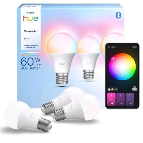 Philips Hue Lampadina LED 60W A60 E27 Consumo 8W Dimmerabile Luce Calda Fredda e Colorata Conf 3 Pz.