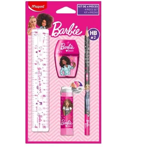 Maped Barbie Mini Set Cancelleria con Righello Temperamatite Gomma e Matita HB