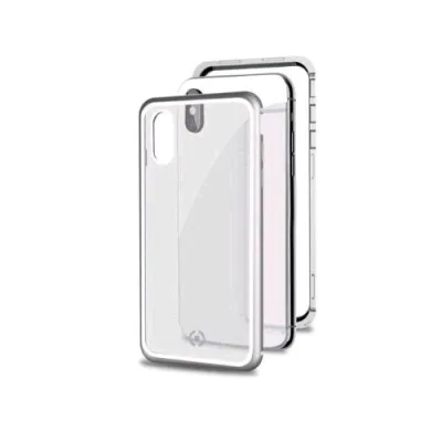 Celly Apple iPHONE XS Max Cover Magnetica in Alluminio + Vetro Temperato Trasparente Silver