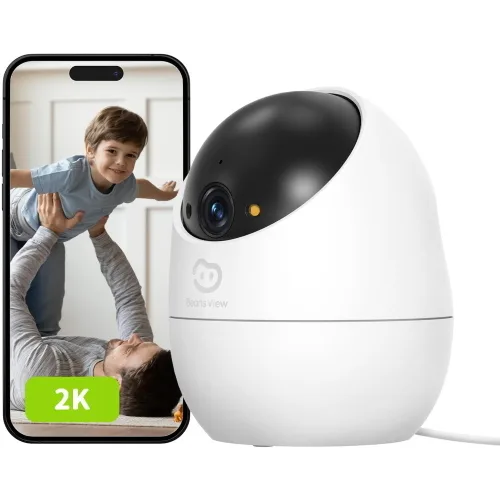 Beans View D210 2K Telecamera di Sorveglianza Motorizzata da Interno Wi-Fi 2.4GHz Visione a 360 Gradi Visione Notturna a Colori Rilevamento Bambino/Animale Domestico/Gatto/Cane, Rilevamento Umano Compatibile con Alexa Bianco