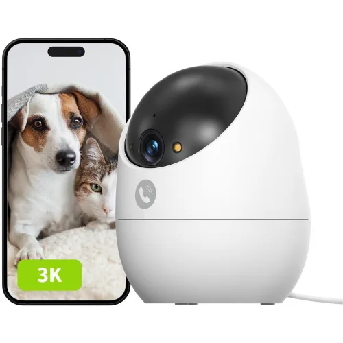 Beans View D210 3K Telecamera di Sorveglianza Motorizzata da Interno Wi-Fi 2.4GHz Visione a 360 Gradi Visione Notturna a Colori Rilevamento Bambino/Animale Domestico/Gatto/Cane, Rilevamento Umano Compatibile con Alexa Bianco