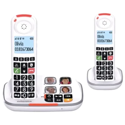 Alcatel Swissvoice Cordless Duo Xtra 2355 Cordless per Anziani Suoneria Extra Forte 90DB Tasti Grandi Segreteria Telefonica Tasti Memoria con Foto Base + Aggiuntivo Bianco
