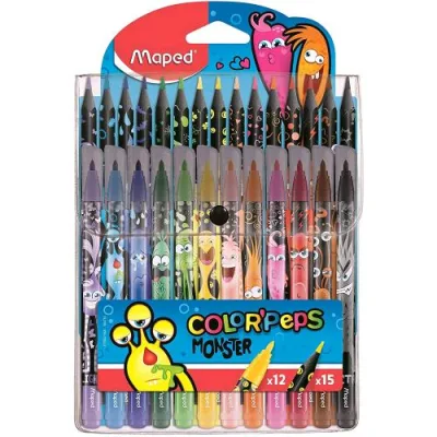 Maped Color Peps Monster 12 Pennarelli + 15 Pastelli Fusto Nero Colori Assortiti Conf 27 Pz.