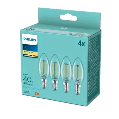 Philips Lampadina a Filamento Ad Oliva Luce Bianca Calda E14 40 W Consumo Effettivo 4.3 W 470 Lumen Conf 4 Pz.
