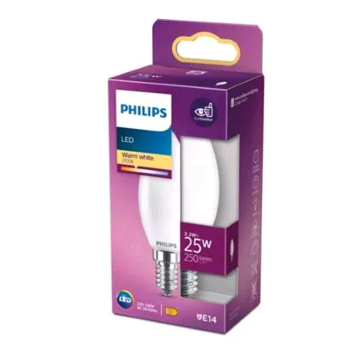 Philips Lampadina LED a Candela Smerigliata a Filamento 25W B35 E14 2700K Consumo 2,2W Luce Calda