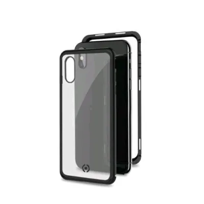 Celly Apple iPHONE XS/X Cover Magnetica in Alluminio + Vetro Temperato Trasparente Nero