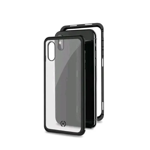 Celly Apple iPHONE XS/X Cover Magnetica in Alluminio + Vetro Temperato Trasparente Nero