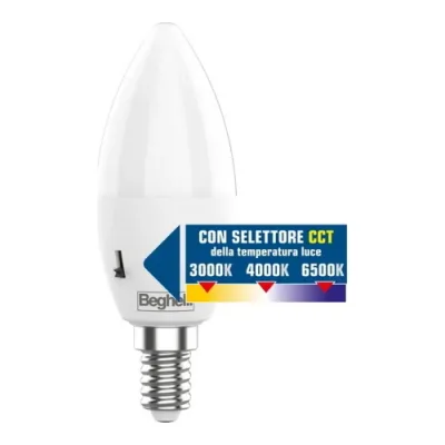 Beghelli Lamp Saving LED Oliva Opale CCT E14 700lm 7W=60 Tricolor 3K/4K/6K con Selettore per Modificare la Luce tra Calda Bianca e Fredda