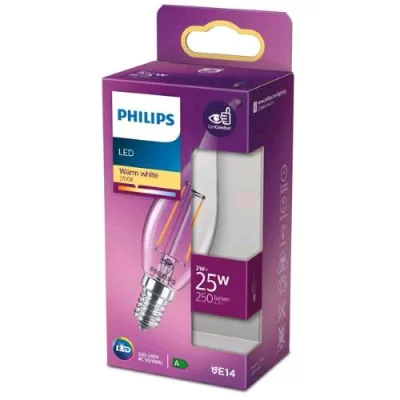 Philips Lampadina LED a Candela Trasparente a Filamento 25 W BA35 E14 2700K Consumo 2W Luce Calda