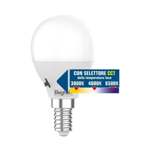 Beghelli Lamp Saving LED Sfera Opale CCT E14 700lm 7W=60 Tricolor 3K/4K/6K con Selettore per Modificare la Luce tra Calda Bianca e Fredda