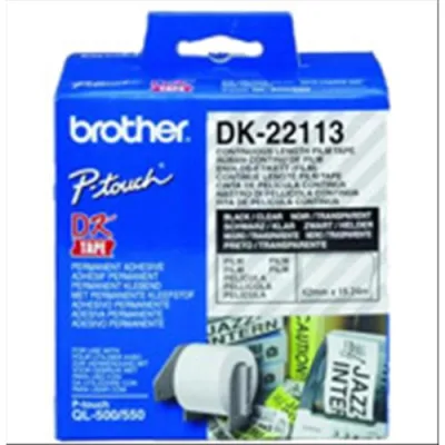 Brother DK22113 Nastro Adesivo in Pellicola Trasparente Stampa Nero 62mm x 15.24m