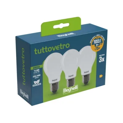 Beghelli LED Pack Tuttovetro LED Goccia Opale E27 8W=75W 1055lm Luce Bianca Calda 3000K Kit 3 Pz.