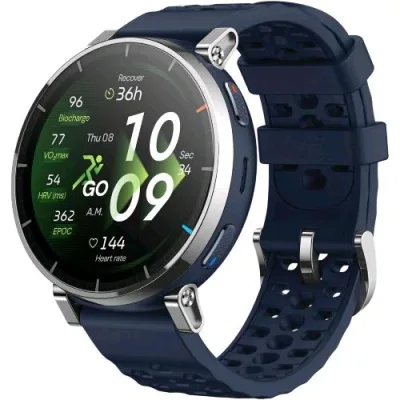 Amazfit Active 3 Premium Smartwatch 45mm 1.32" Amoled Vetro Zaffiro GPS Running NFC Mappe Offline 5 Atm 170+ Sport Argento Blu