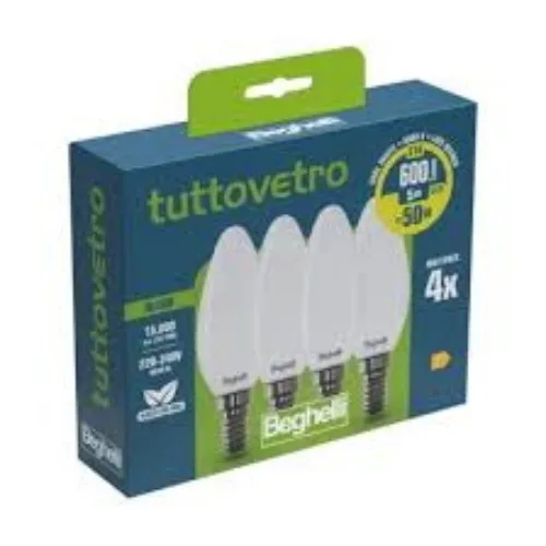 Beghelli LED Pack Tuttovetro LED Oliva Opale E14 5W=50W 600lm Luce Bianca 4000K Kit 4 Pz.