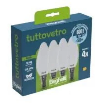 Beghelli LED Pack Tuttovetro LED Oliva Opale E14 600lm 5W=50W Luce Bianca Fredda 6000K Kit 4 Pz.