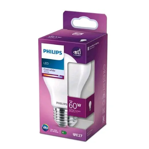 Philips Lampadina LED a Goggia 60W A60 E27 4000K Consumo 7W Luce Fredda