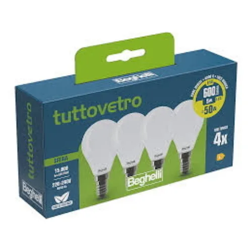 Beghelli LED Pack Tuttovetro LED Sfera Opale E14 600lm 5W=50W Luce Bianco Caldo 3000K Kit 4 Pz.