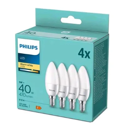Philips Lampadina LED Candela 4,9W E14 2700K Luce Calda Conf 4 Pz.