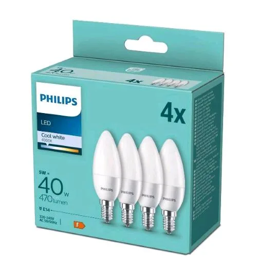 Philips Lampadina LED Oliva 4,9W E14 4000K Luce Naturale Conf 4 Pz.