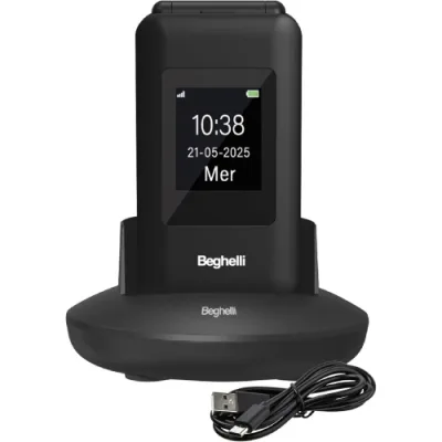 Beghelli Salvalavita Phone SLV41 4G Eco 2.8" Senior Phone a Conchiglia Tasti Grandi Tasto Sos e Chiamata Rapida Volume Maggiorato Torcia Radio Fotocamera Basetta di Ricarica 4G Nero