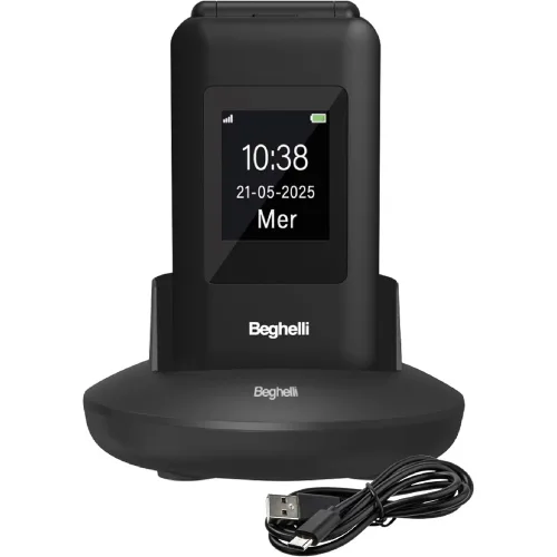 Beghelli Salvalavita Phone SLV41 4G Eco 2.8" Senior Phone a Conchiglia Tasti Grandi Tasto Sos e Chiamata Rapida Volume Maggiorato Torcia Radio Fotocamera Basetta di Ricarica 4G Nero