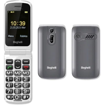 Beghelli SLV18N Eco Dual SIM 2.4" Easy Phone a Conchiglia Tasti Grandi Retroilluminati Tasto Sos Blocco Chiamate Fotocamera Torcia Radio Grigio