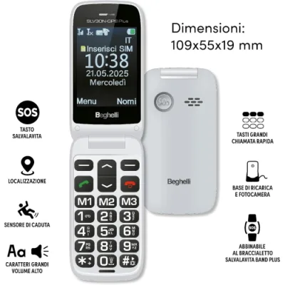Beghelli SLV30N-GPS Plus Dual SIM 2.8" Senior Phone a Conchiglia Tasti Grandi Retroilluminati Tasto Sos Localizzazione Sensore di Caduta Volume Aumentato Base di Ricarica Fotocamera Grigio Chiaro