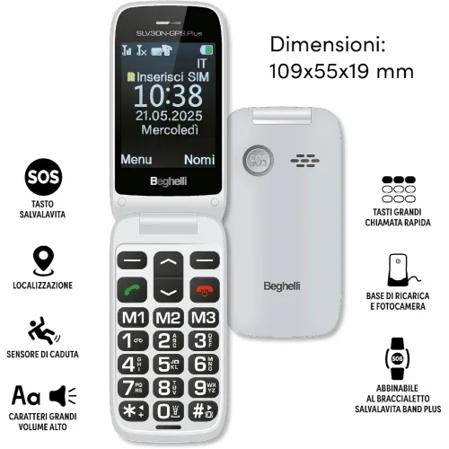 Beghelli SLV30N-GPS Plus Dual SIM 2.8" Senior Phone a Conchiglia Tasti Grandi Retroilluminati Tasto Sos Localizzazione Sensore di Caduta Volume Aumentato Base di Ricarica Fotocamera Grigio Chiaro