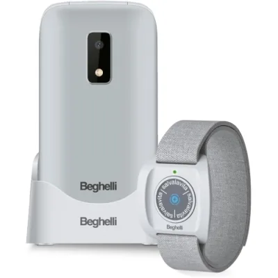 Beghelli SLV30N-GPS Plus Dual SIM 2.8" Senior Phone a Conchiglia Tasti Grandi Retroilluminati Tasto Sos Localizzazione Sensore di Caduta Volume Aumentato Base di Ricarica Fotocamera Grigio Chiaro + Braccialetto Salvalavita Band Plus