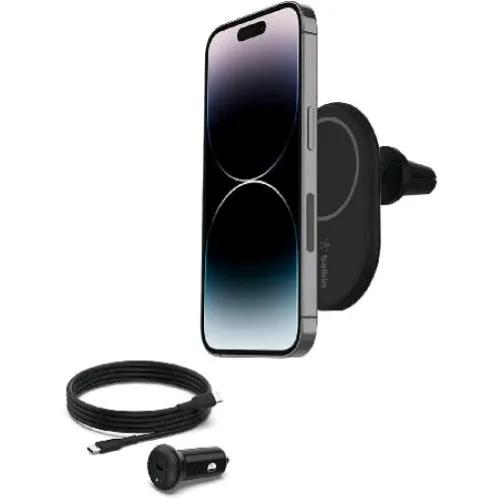 Belkin Apple iPHONE Caricabatteria da Auto con Supporto Magnetico Wireless Magsafe Cavo Incluso Nero