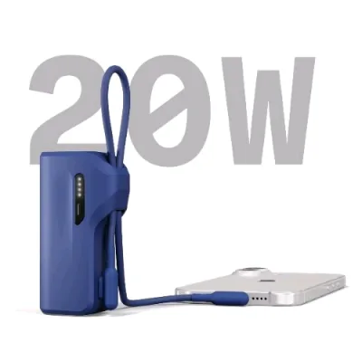 Cygnett Battery Bank Thumboost 5K Powerbank 20 W con Cavo Integrato Ad Angolo Retto Approvato per Bagaglio a Mano Blu