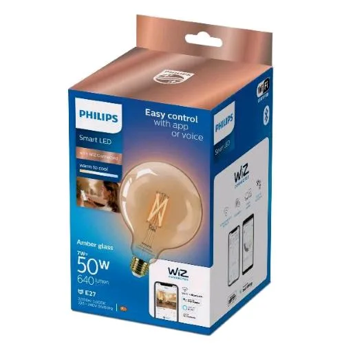 Philips Smart Wiz Globe Lampadina LED a Filamento Ambra Dimmerabile 50W G125 E27 Consumo 7W Luce Calda e Fredda