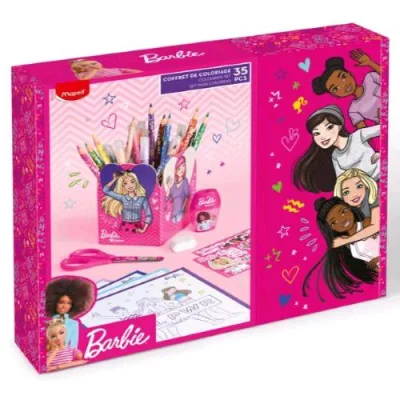 Maped Gift Box Barbie con Pastelli Pennarelli Temperamatite Forbici Gomma Fogli Adesivi Fogli da Colorare e Portapenne Colori Assortiti Conf 35 Pz.
