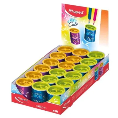 Maped Mini Cute Espositore Temperamatite 2 Fori con Serbatoio Colori Assortiti Conf 18 Pz.