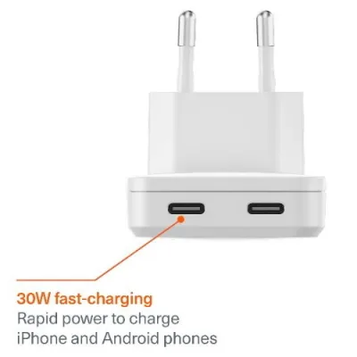Cygnett Chargeplus Slim Caricabatterie da Rete Gan 30 W Dual USB-C Super Sottile Bianco