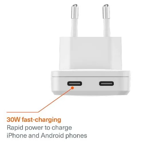 Cygnett Chargeplus Slim Caricabatterie da Rete Gan 30 W Dual USB-C Super Sottile Bianco