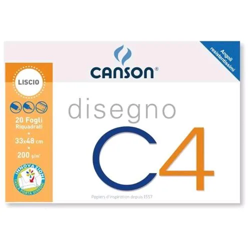 Canson Album Disegno C4 4 Angoli CM 33X48 200 g Liscio Riquadrato 20 Fogli Colore Bianco
