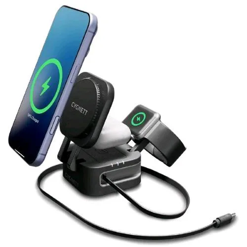 Cygnett Magstand 3-IN1 Caricabatterie Wireless Pieghevole 3 in 1 con Cavo Retrattile 15 W Compatibile Magsafe e Qi o QI2.0 Nero