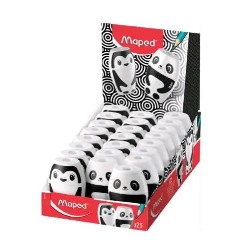 Maped Shakky Espositore Temperamatite 1 Foro con Serbatoio Soggetti Assortiti Panda e Pinguino Conf 24 Pz.