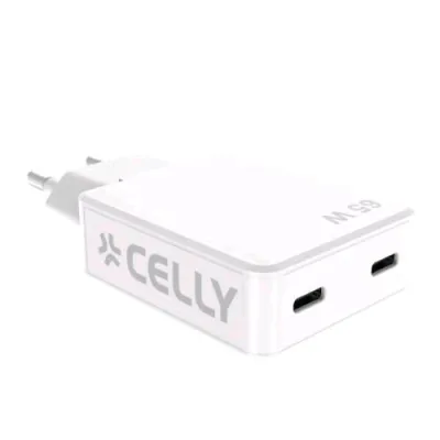 Celly Slim Caricabatterie da Rete Gan 65 W 2 x USB-C Solo 1cm di Spessore Bianco