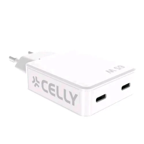 Celly Slim Caricabatterie da Rete Gan 65 W 2 x USB-C Solo 1cm di Spessore Bianco