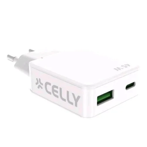 Celly Slimtc Caricabatterie da Rete Gan Slim Spessore Solo 1cm Ultracompatto 45 W 1 Porta USB-A 1 Porta USB-C Bianco