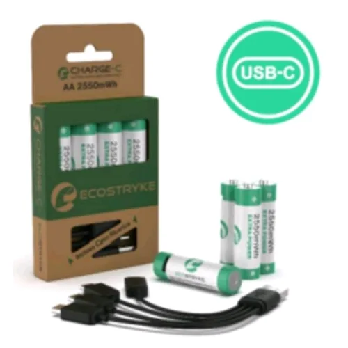 Ecostrike Batterie Ricaricabili al Litio AAA Mini Stilo 1.5 V 600 mAh Ricarica Tramite Porta USB-C Direttamente Sulla Batteria Conf 4 Pz.