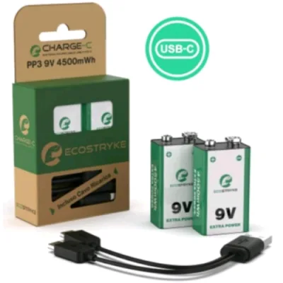 Ecostrike Batterie Ricaricabili al Litio Transistor 9V 500 mAh Ricarica Tramite Porta USB-C Direttamente Sulla Batteria Conf 2 Pz.