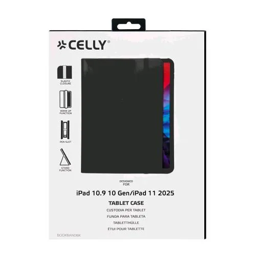 Celly Bookband Apple iPAD 10.9 10TH Gen /Aple iPAD 11 11TH Gen Custodia a Libro con Funzione Stand Allogiamento Apple Pencili Banda Elastica per Chiusura Nero