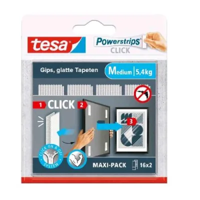 TESA Powerstrips Click Strisce Autadesive 8 x 2 cm Medium con Sistema di Aggancio e Sgancio Bianco Conf 16 x 2 Pz.
